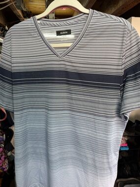 Alfani Men’s Navy and Light Blue Horizontal Stripe V-Neck Polo